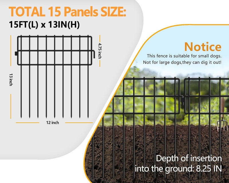 KYATE 15ft(L) x 13in(H) Animal Barrier Fence, 15 Panels No Dig Garden Fences for Dog Rabbit, Rustproof Anti Digging Barriers, Gardening Edging Border Ground Defense for Outdoor Yard Patio - Image 5